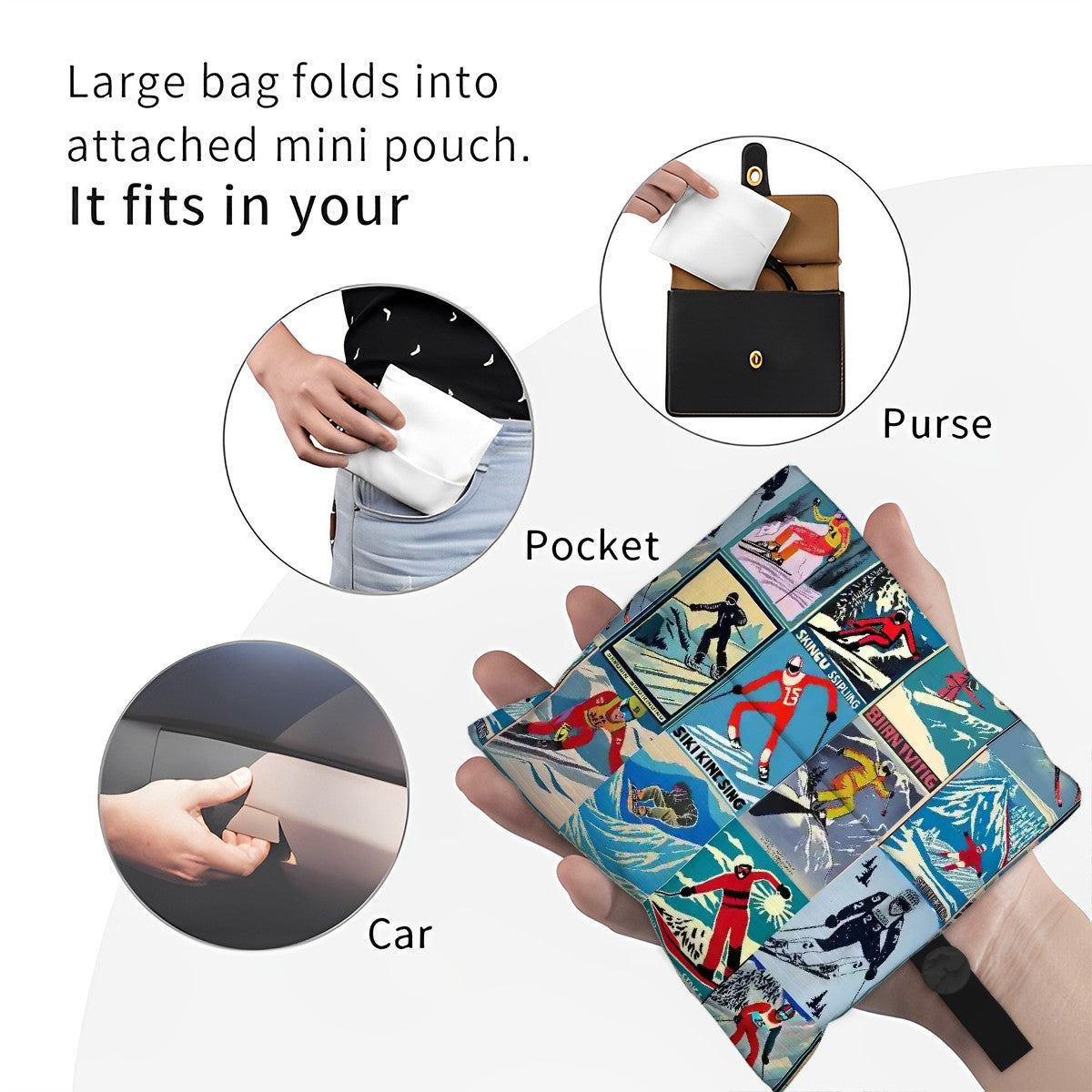 Folding Reusable Travel Bag Market Grocery Bag in Vintage Style Men Skier Collage