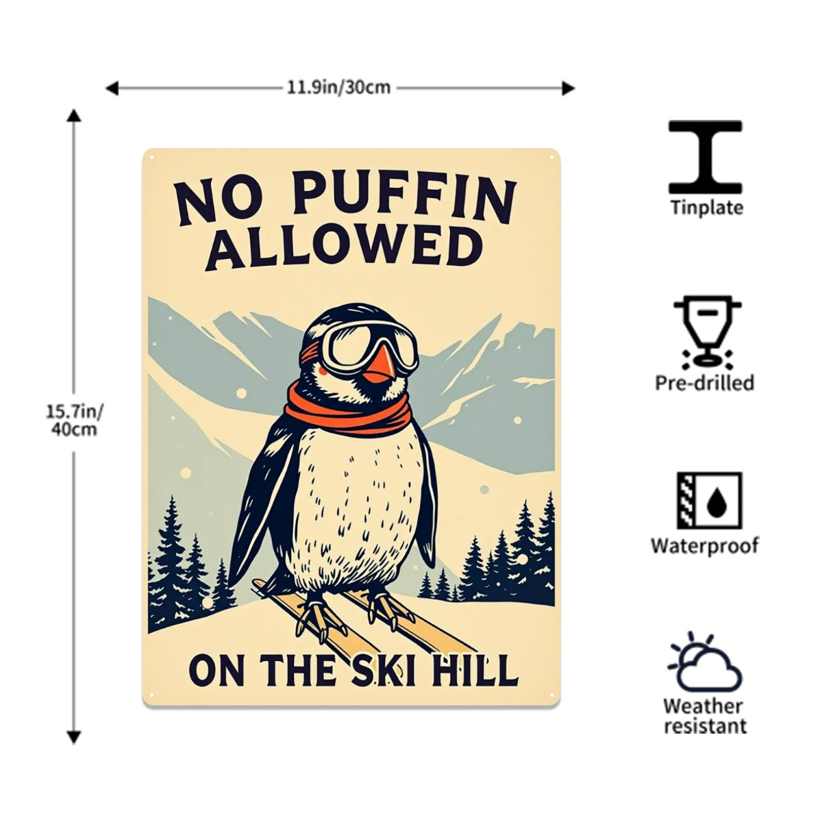 Metal Tinplate Poster Rectangular 12 inches by 16 inches Metal Sign Decor in No puffin on Ski Hill
