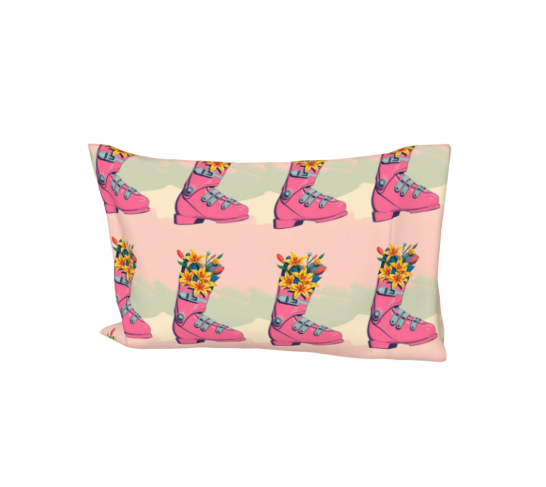 Taie d'oreiller de lit rose motif fleur de botte de ski