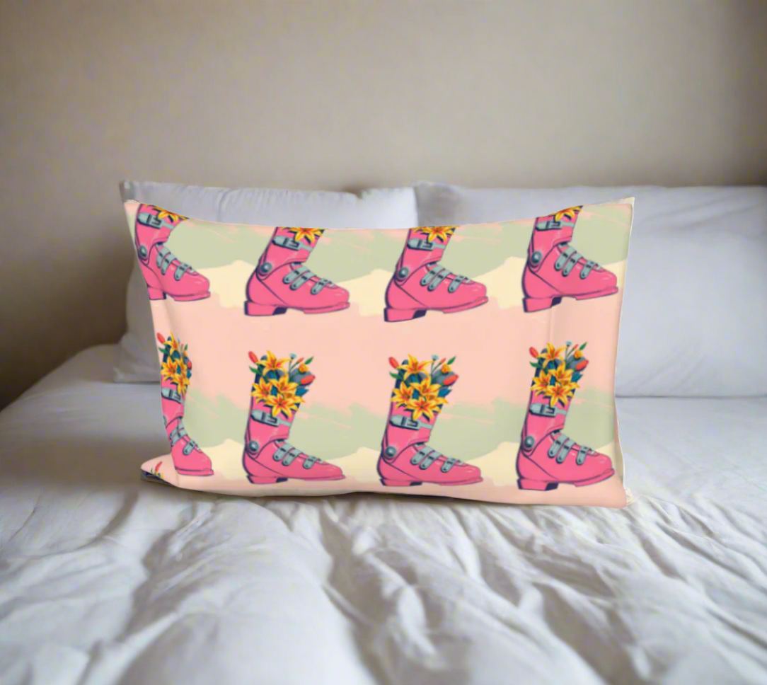 Taie d'oreiller de lit rose motif fleur de botte de ski