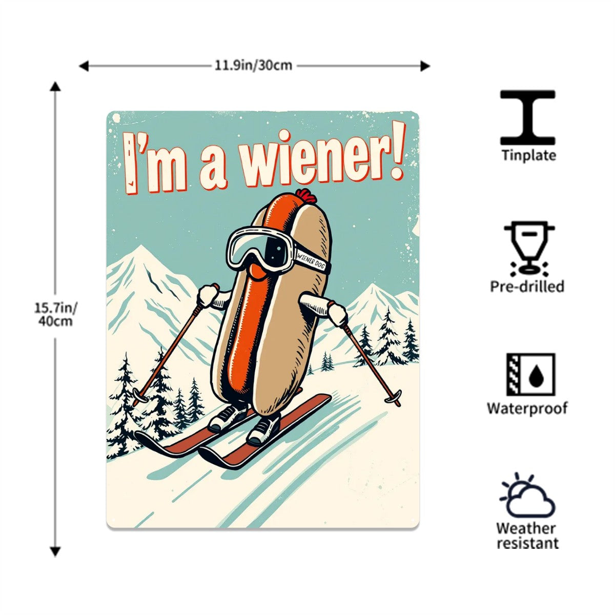 Metal Tinplate Poster Rectangular 12 inches by 16 inches Metal Sign Decor in I'm a Wiener on Ski