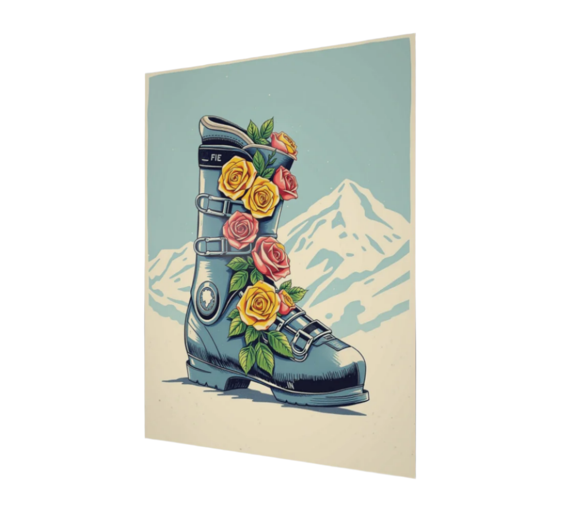 Poster Blue Ski boot in Floral Roses ,made in montreal Canada