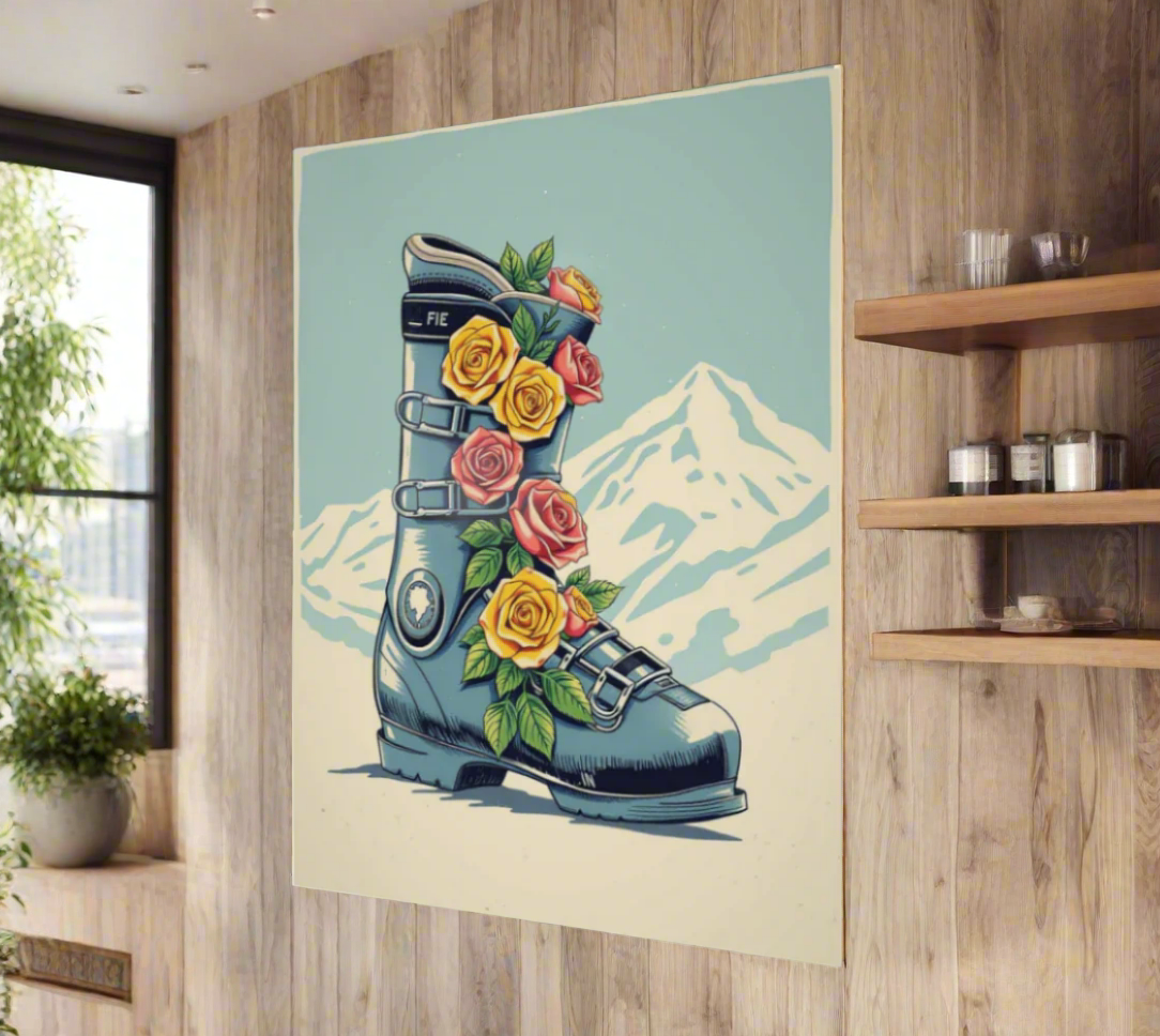 Poster Blue Ski boot in Floral Roses ,made in montreal Canada