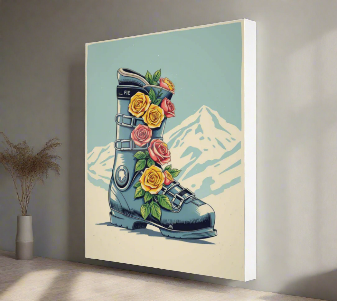 Poster Blue Ski boot in Floral Roses ,made in montreal Canada