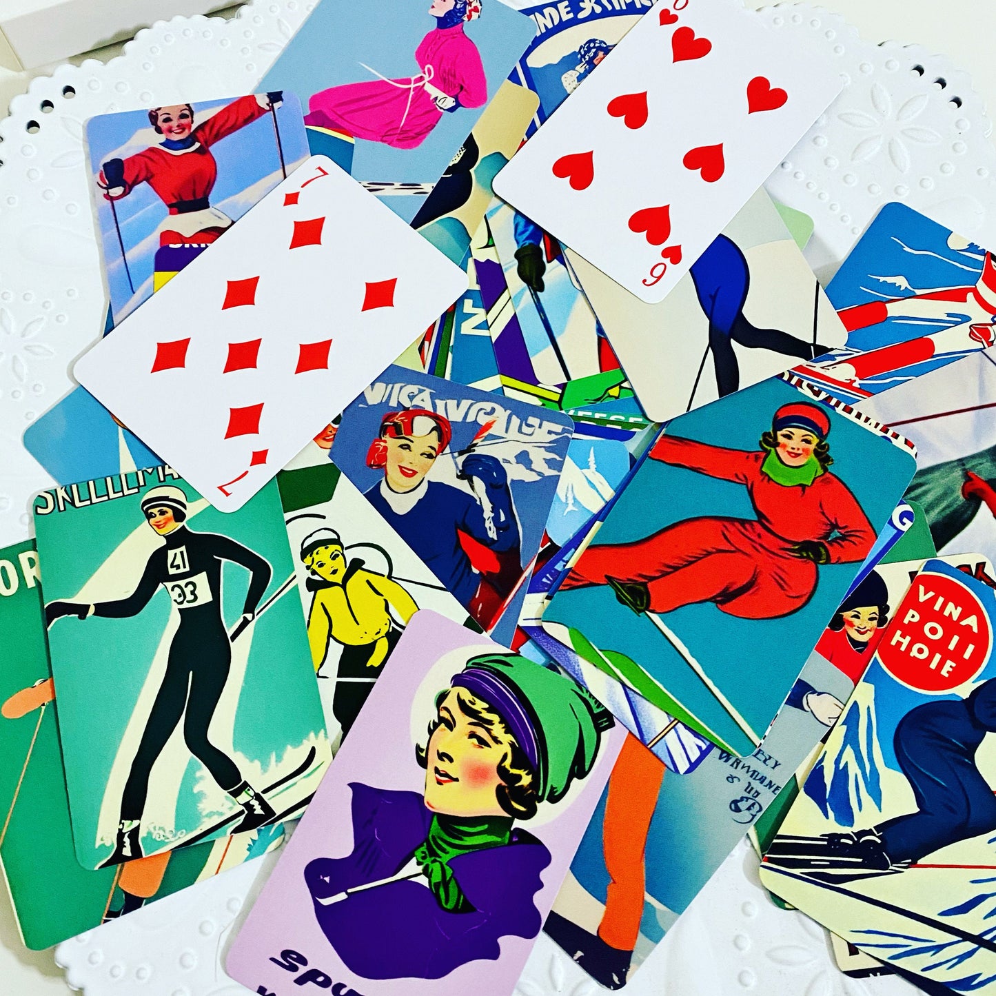 Coolest deck of Playing Cards in Vintage Style Ski Ladies. Different graphics Ski Art deck of cards ski lover gift