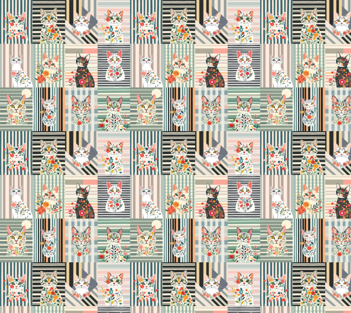Tissu à rayures Cat Art Collage Art 100% coton pour projets d'art, d'artisanat et de couture
