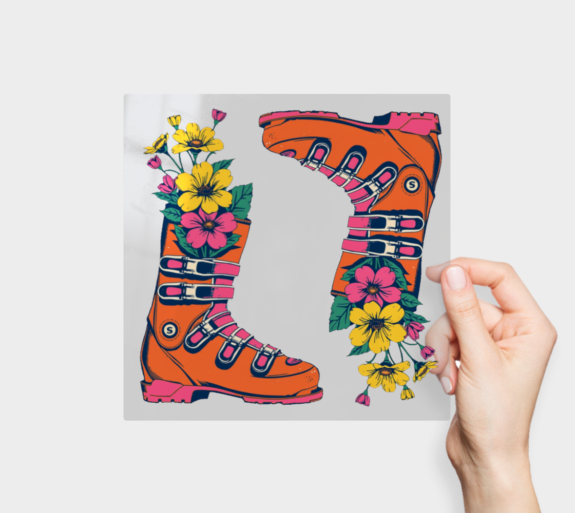 Sticker is Pink Ski boot flower vase without white border, Made Quebec
