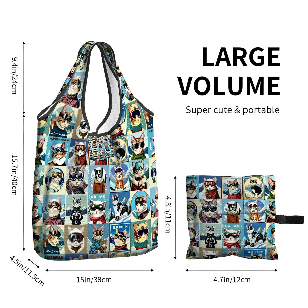 Folding Reusable Travel Bag Market Grocery bag in Vintage Style Cool Ski Cat Collage