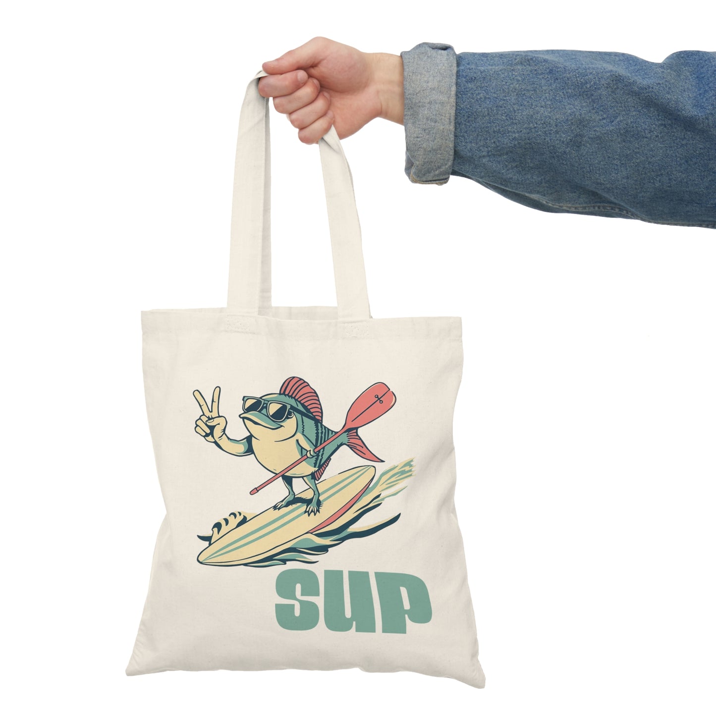 Tote Bag -Funny SUP Fish Natural Perfect for Beach Days & Outdoor Adventures