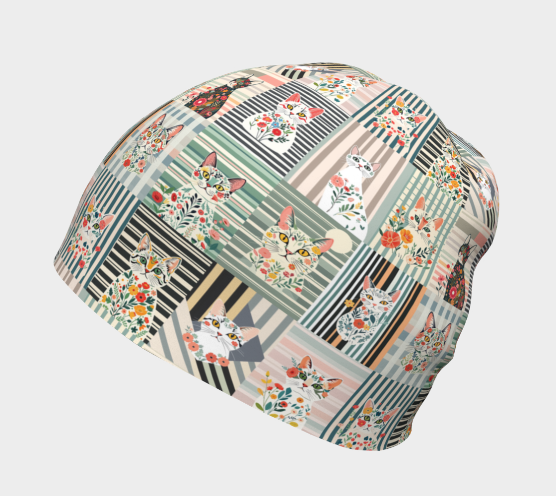 Beanie with unique Botanical Stripe Cat collage made in Canada