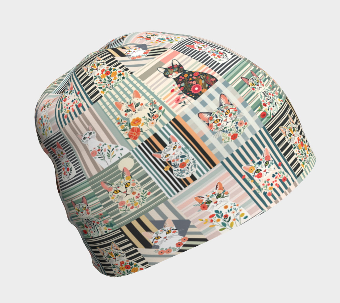 Beanie with unique Botanical Stripe Cat collage made in Canada