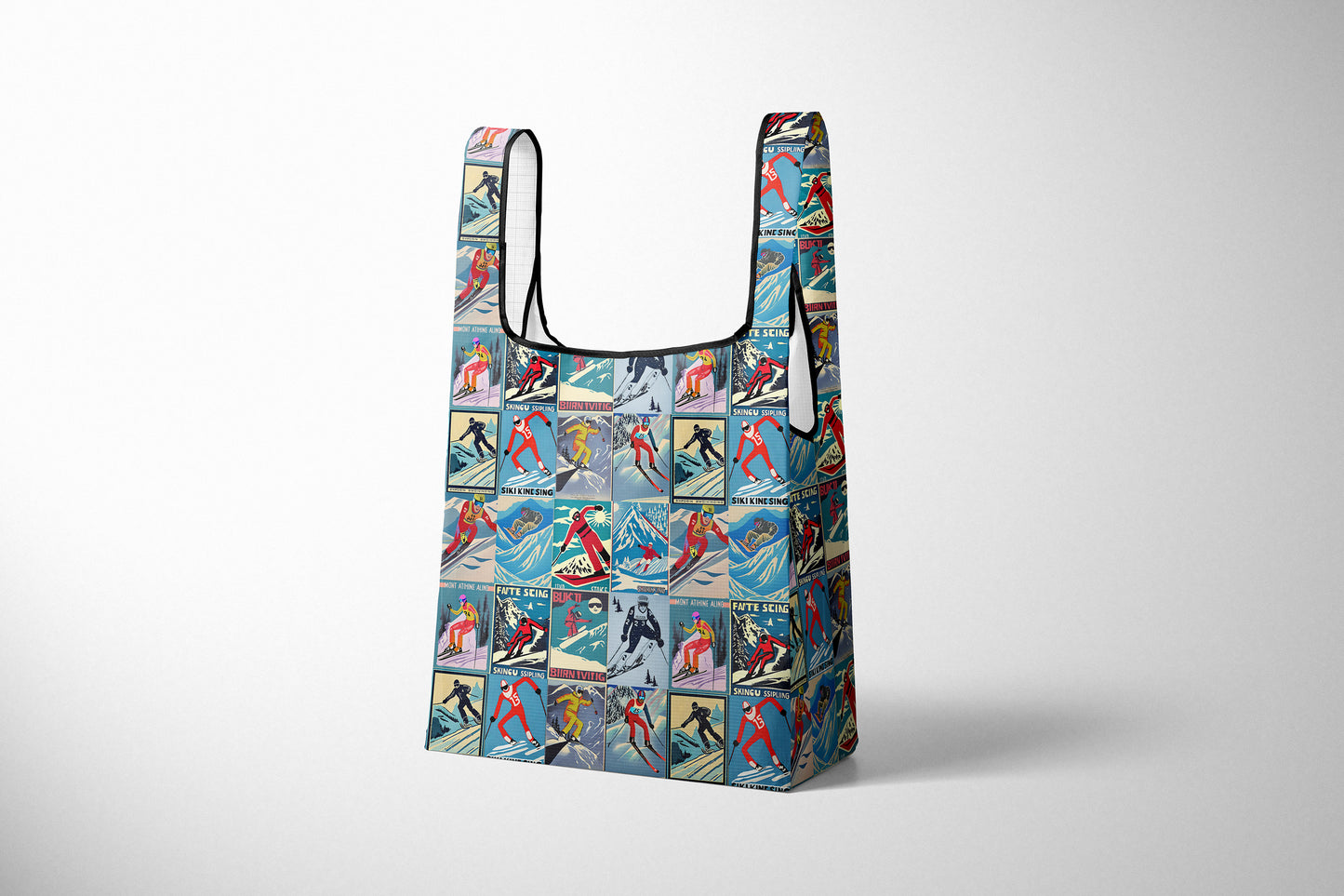 Folding Reusable Travel Bag Market Grocery Bag in Vintage Style Men Skier Collage