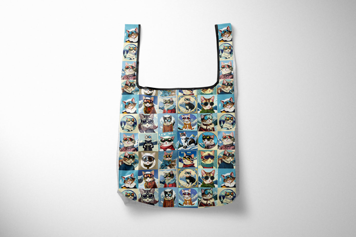 Folding Reusable Travel Bag Market Grocery bag in Vintage Style Cool Ski Cat Collage