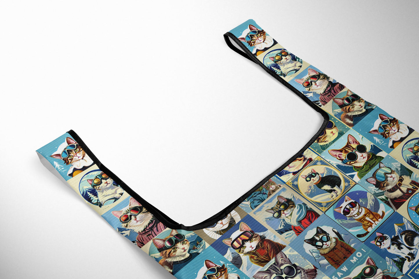 Folding Reusable Travel Bag Market Grocery bag in Vintage Style Cool Ski Cat Collage