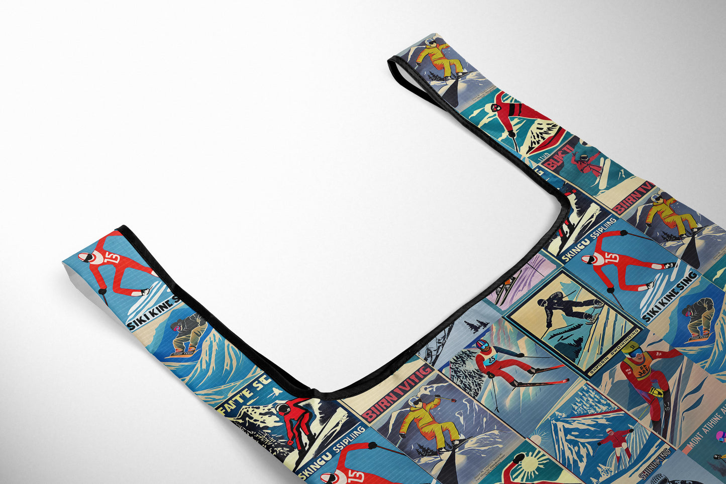 Folding Reusable Travel Bag Market Grocery Bag in Vintage Style Men Skier Collage