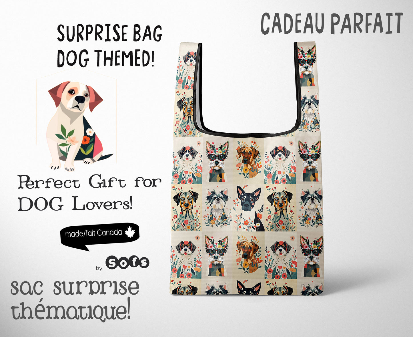 Sac surprise sur le thème des chiens. Comprend une variété d'articles liés aux chiens ! Un mélange d'articles faits à la main et sélectionnés.