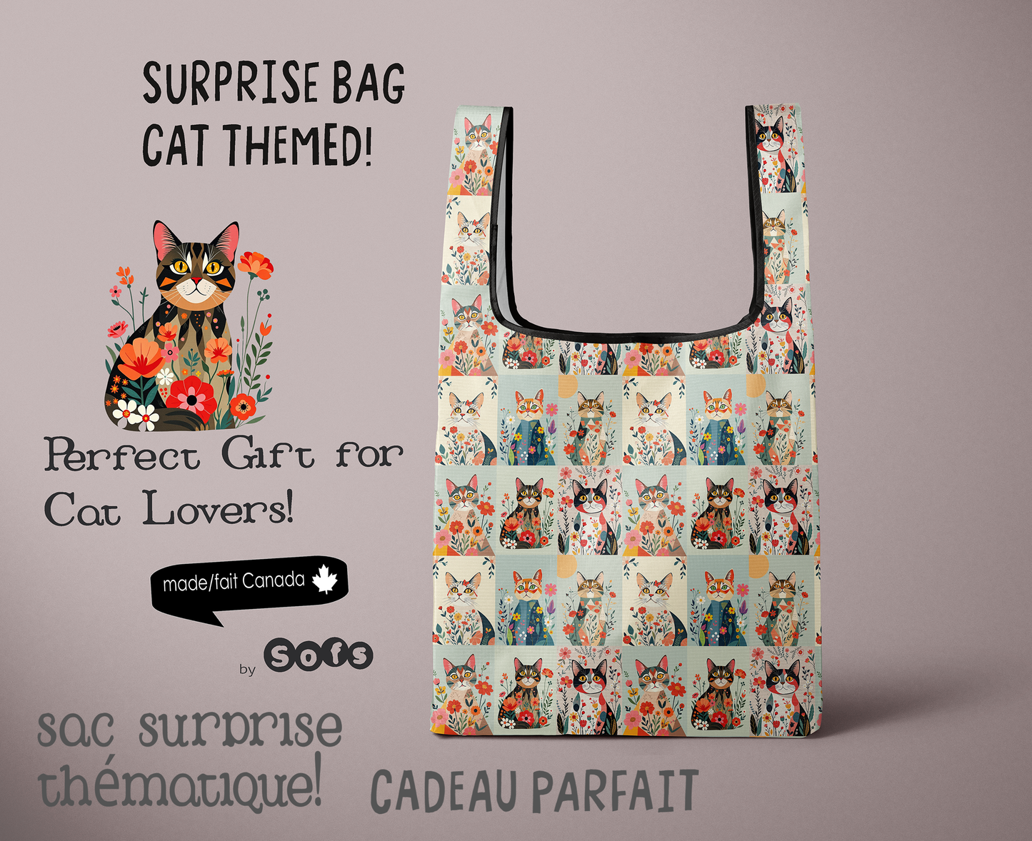 Sac surprise sur le thème des chats. Comprend une variété d'articles liés aux chats ! Un mélange d'articles faits à la main et sélectionnés.