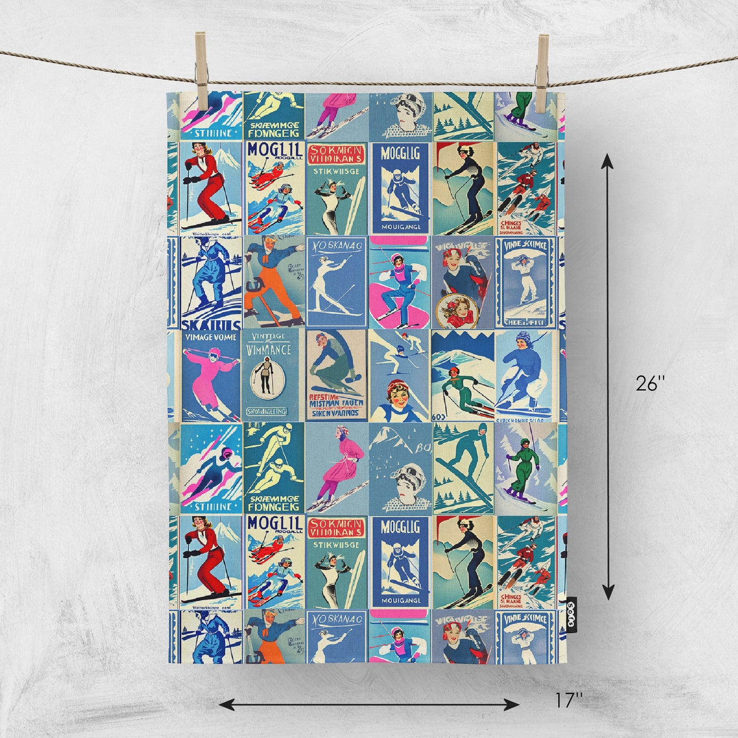Tea towel home decor in Vintage Style women Skier Blue Ski Art for your kitchen or hang on your walls Add some style to y