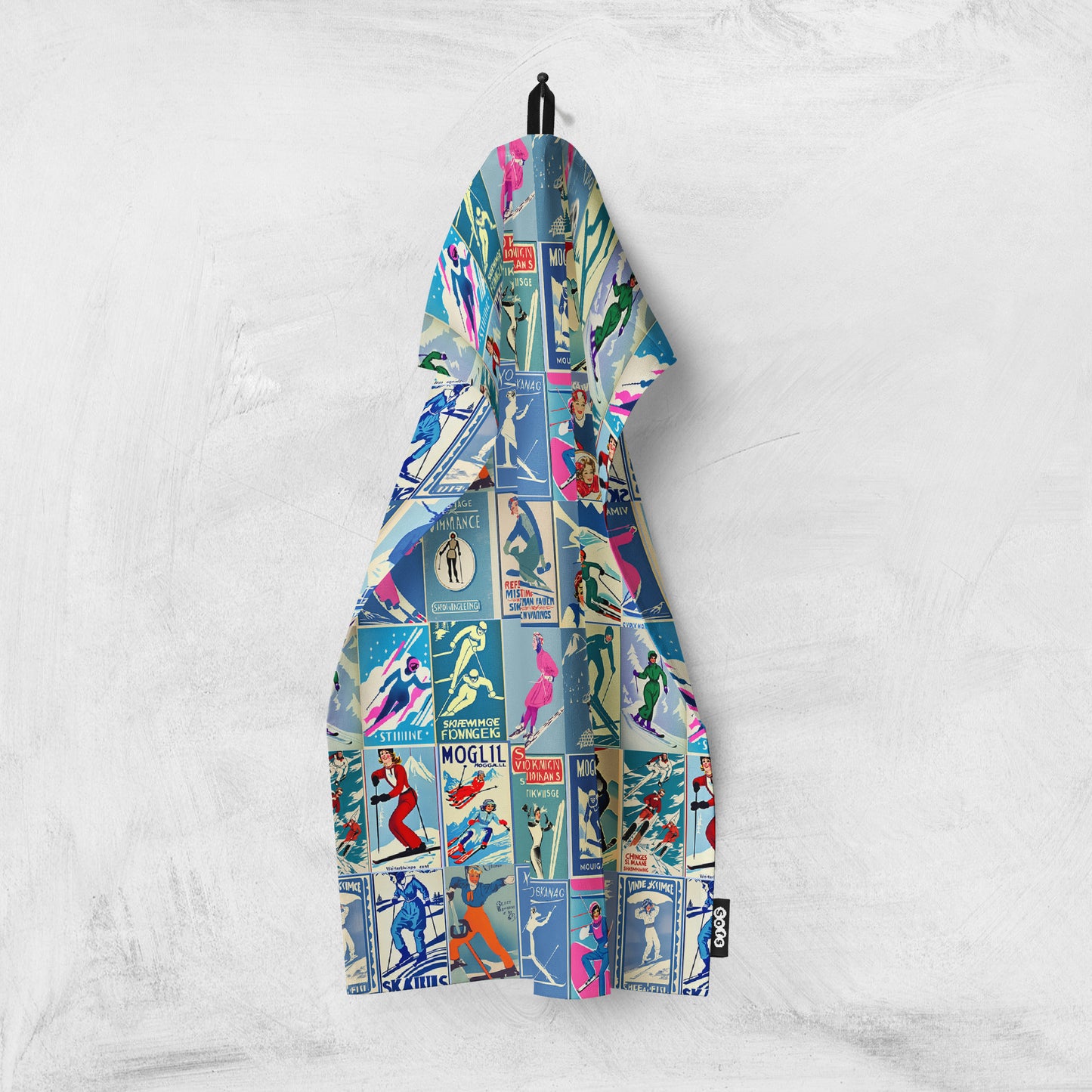 Tea towel home decor in Vintage Style women Skier Blue Ski Art for your kitchen or hang on your walls Add some style to y