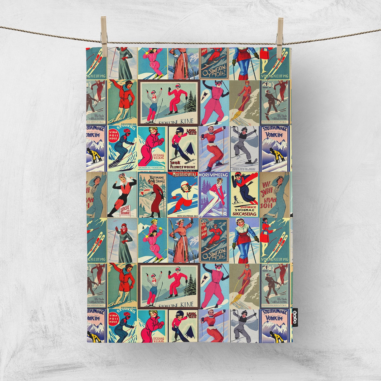 Tea towel home decor in Vintage Style women Skier Red Ski Art for your kitchen or hang on your walls