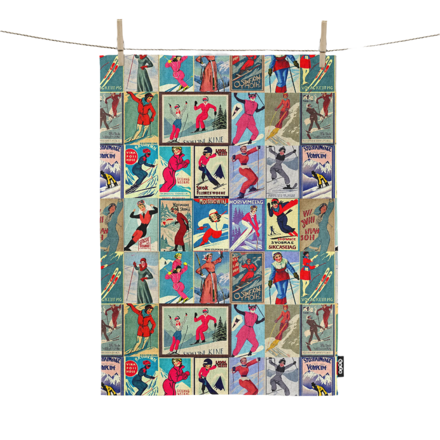 Tea towel home decor in Vintage Style women Skier Red Ski Art for your kitchen or hang on your walls