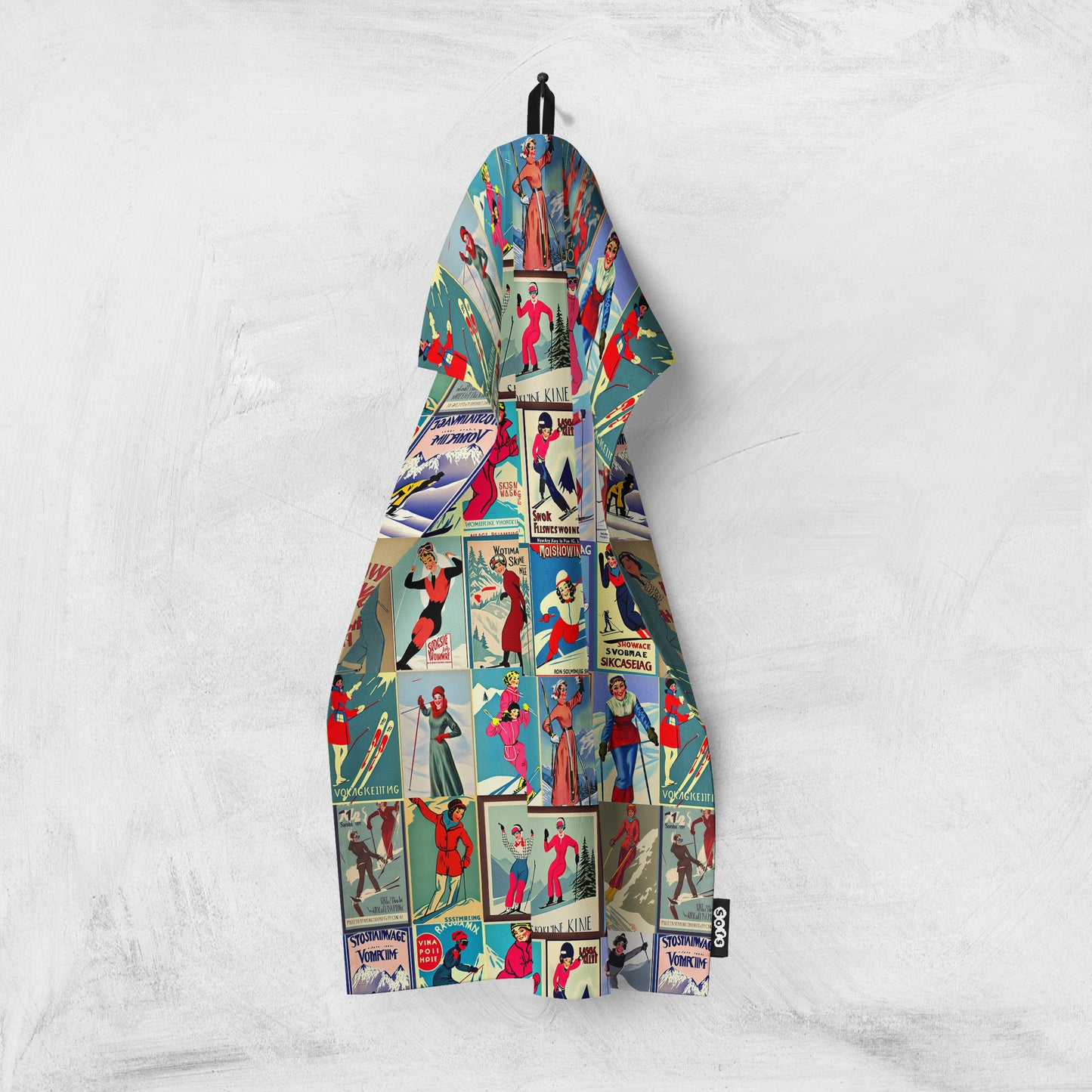 Tea towel home decor in Vintage Style women Skier Red Ski Art for your kitchen or hang on your walls