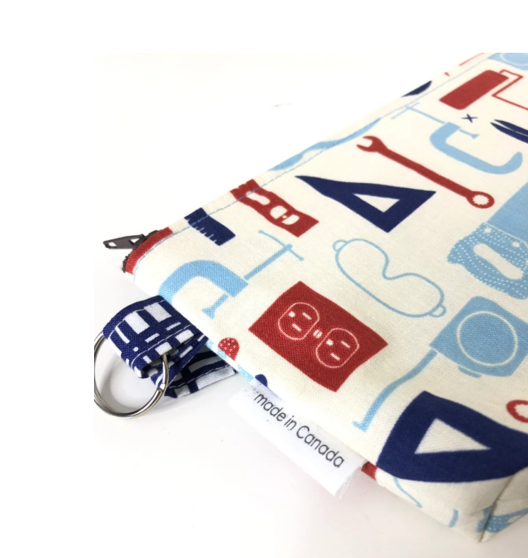 Wristlet, little pouch bag in tool kit print made in Quebec Canada