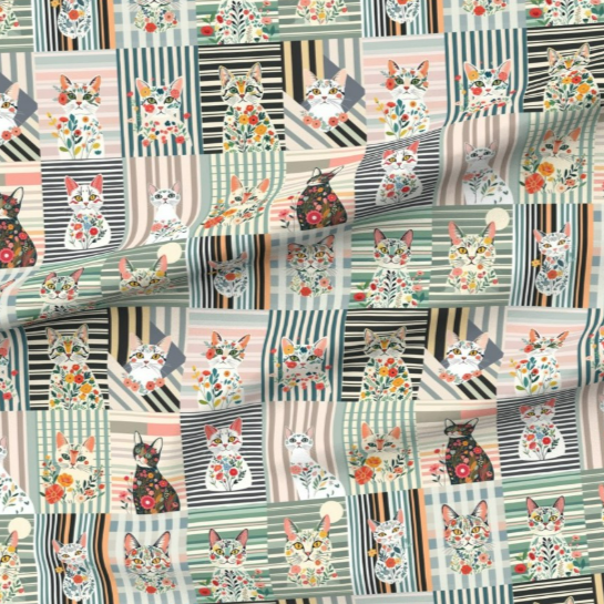Tissu à rayures Cat Art Collage Art 100% coton pour projets d'art, d'artisanat et de couture