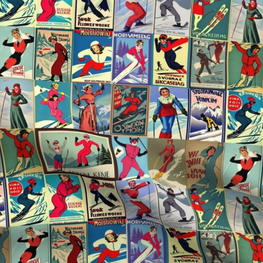 Fabric Vintage Style women Skiers Collage Art 100% cotton for Art, Crafts and Sewing projects