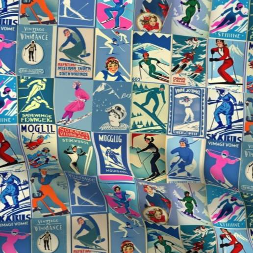 Fabric Vintage Style women Skiers in blue Collage Art 100% cotton for Art, Crafts and Sewing projects