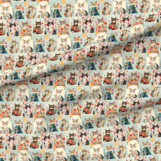 Fabric Botanical Cat Collage Art 100% cotton for Art, Crafts and Sewing projects
