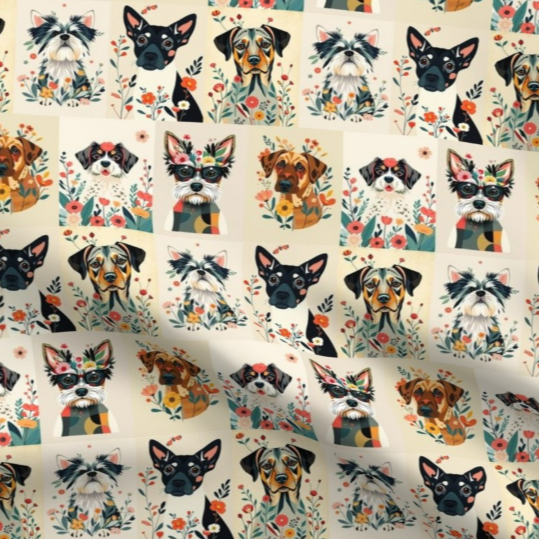 Tissu Collage Art Botanique Chien 100% coton pour projets d'Art, d'Artisanat et de Couture