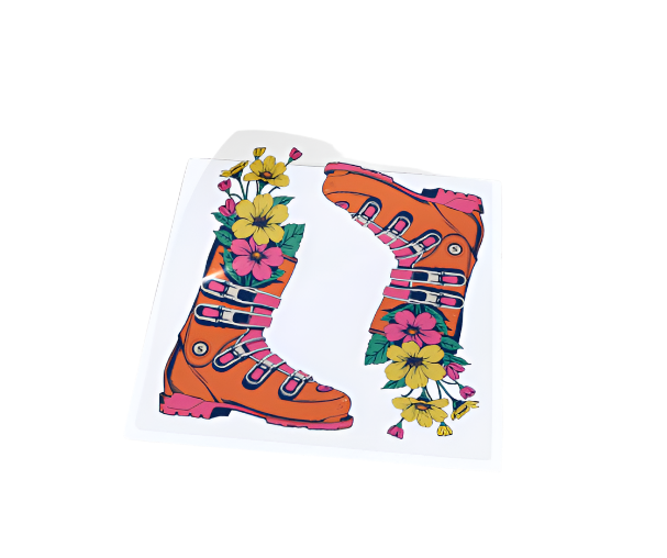 Sticker is Pink Ski boot flower vase without white border, Made Quebec