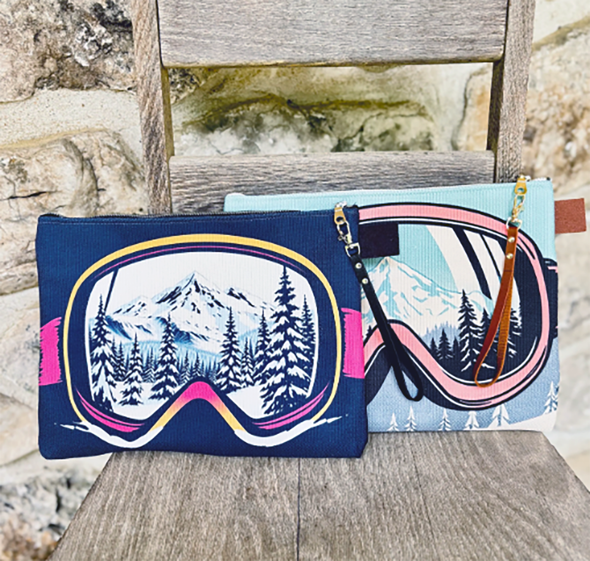 Sac à main de type pochette avec lunettes de ski fabriqué à Montréal Canada
