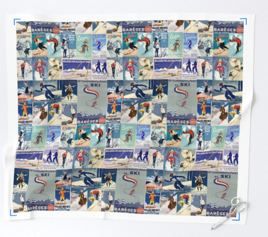 Fabric in Vintage Posters collage Skiers mix in blues