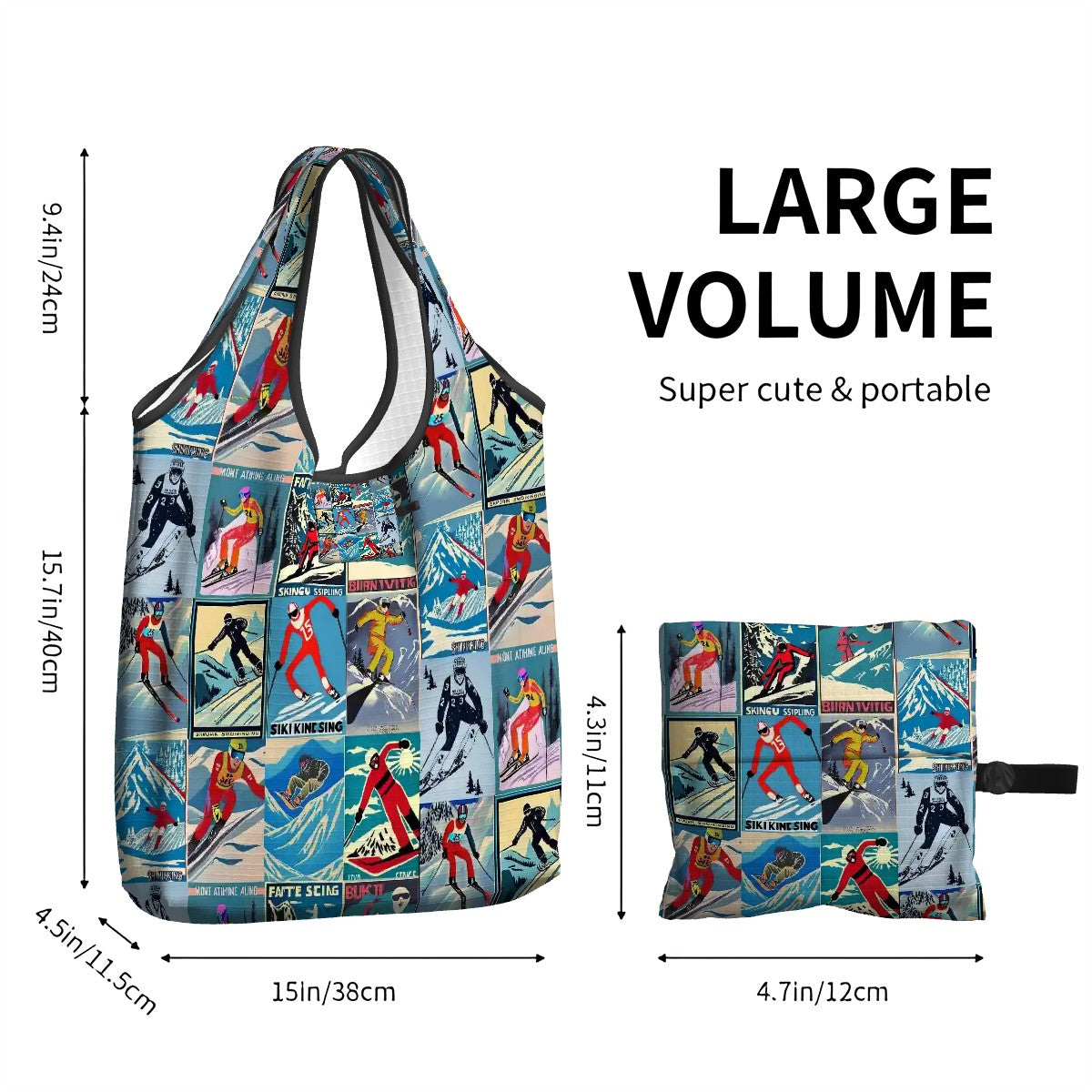 Folding Reusable Travel Bag Market Grocery Bag in Vintage Style Men Skier Collage