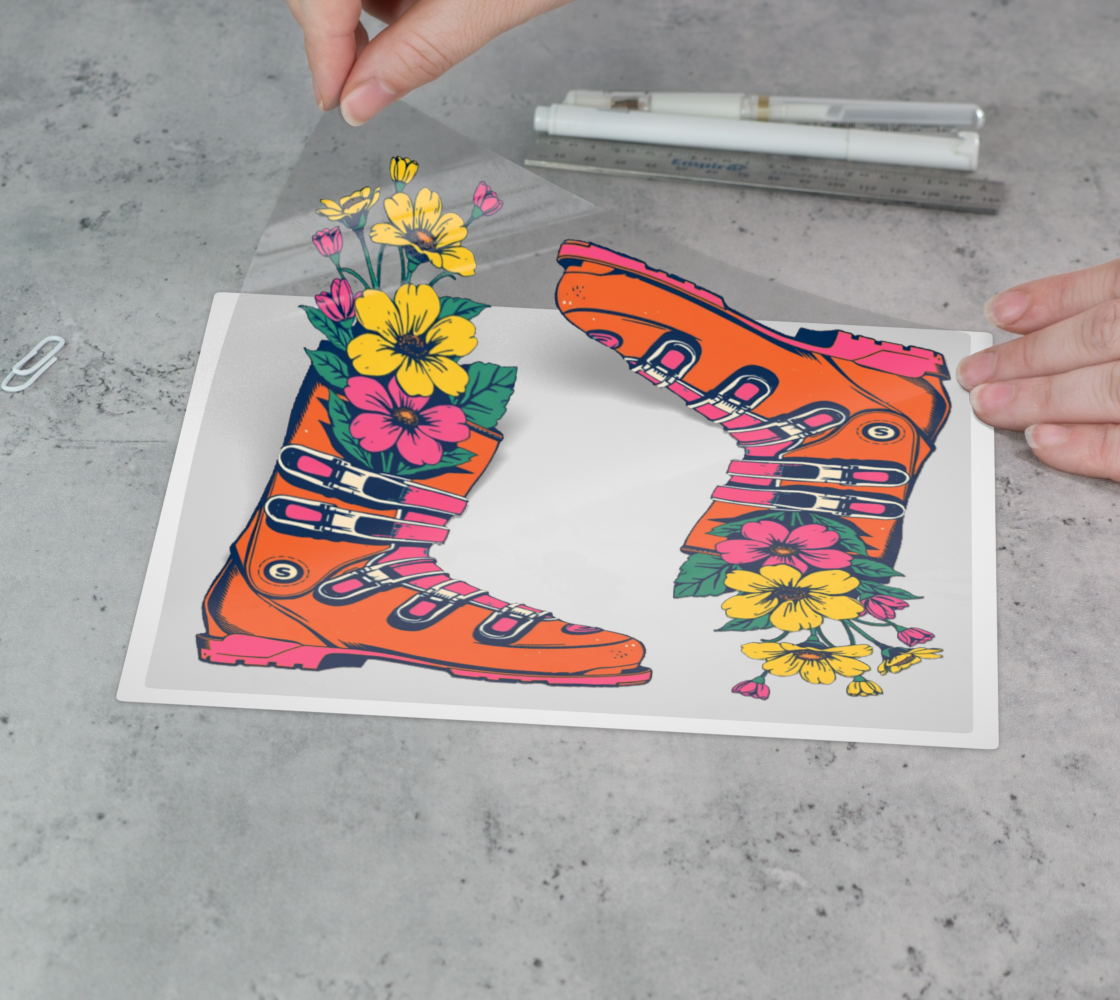 Sticker is Pink Ski boot flower vase without white border, Made Quebec
