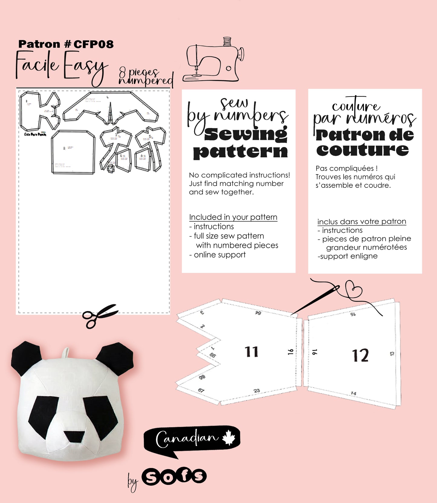 Sewing Patterns Cute Face Panda– Sew by Numbers Plush Pattern - Made in Canada