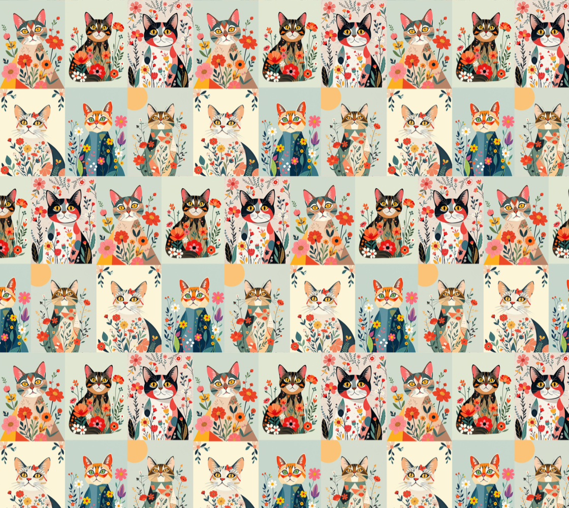 Fabric Botanical Cat Collage Art 100% cotton for Art, Crafts and Sewing projects
