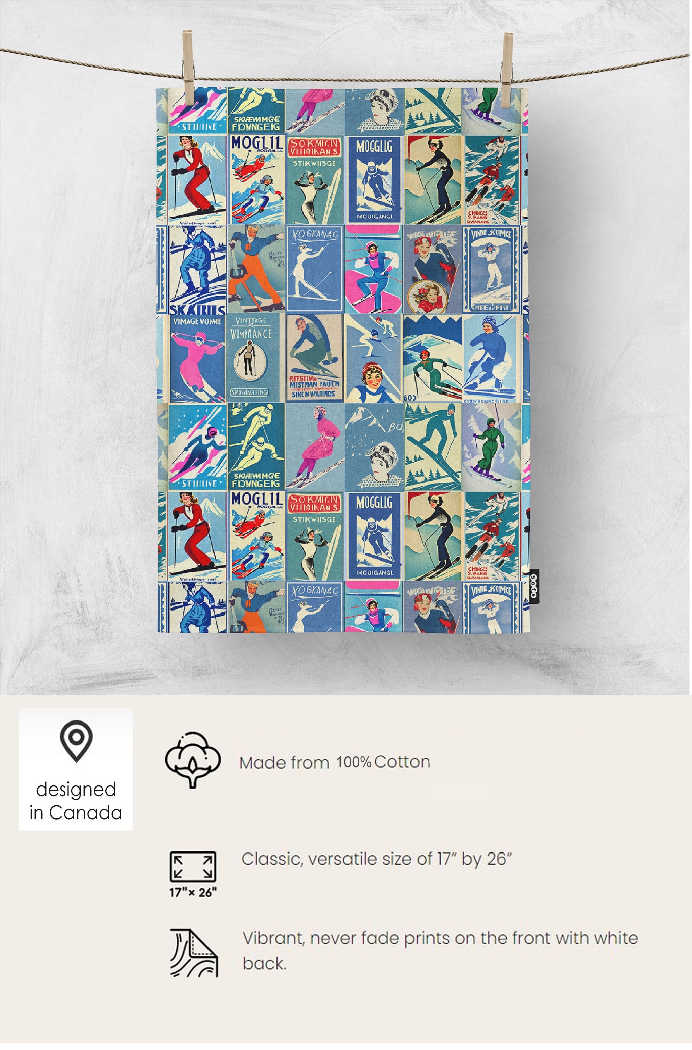 Tea towel home decor in Vintage Style women Skier Blue Ski Art for your kitchen or hang on your walls Add some style to y