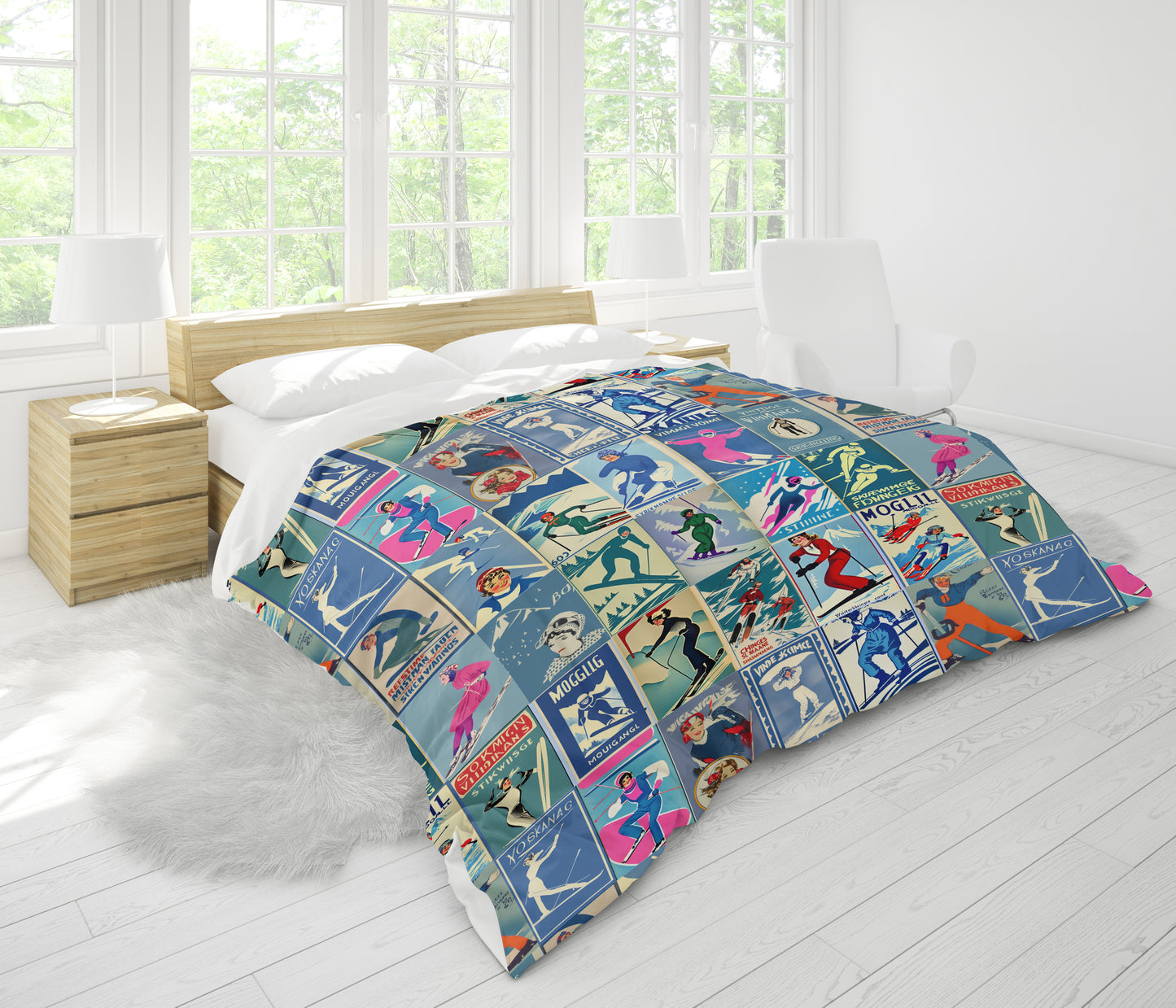 Housse de couette au style vintage Femme Ski en bleu Art Collage pour le plus agréable des sommeils. Fabriqué en 100% coton de qualité au Canada