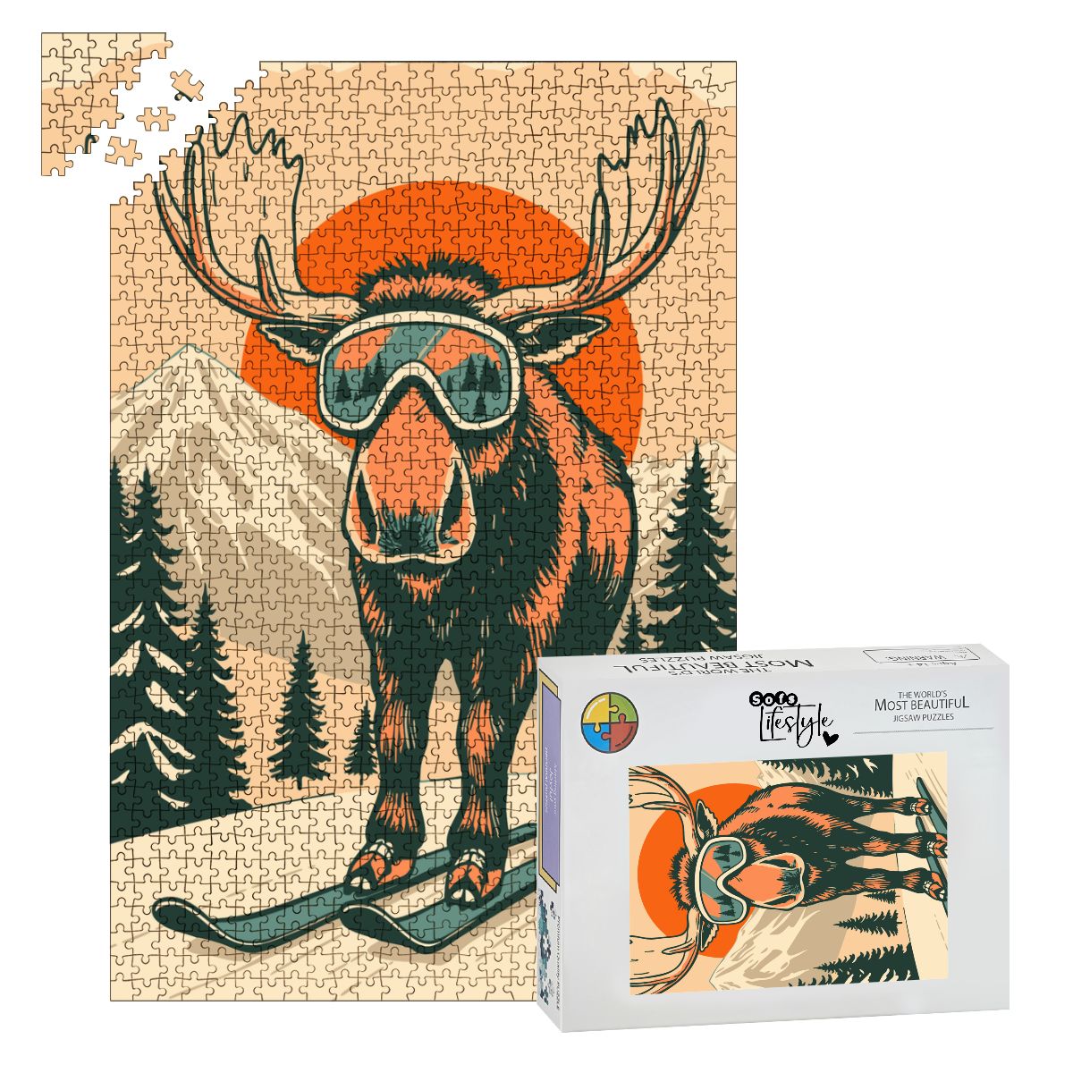 Puzzles en bois 1000 pièces dans Sunset Moose Ski Life