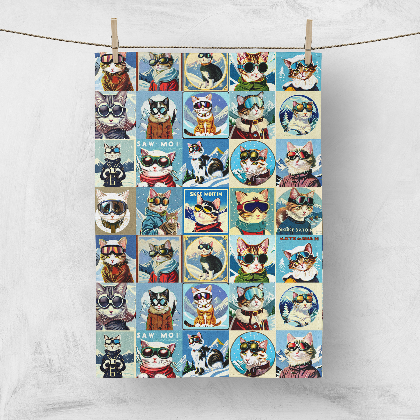 Tea towel home decor in Vintage Cool Ski Cat Collage for your kitchen or hang on your walls