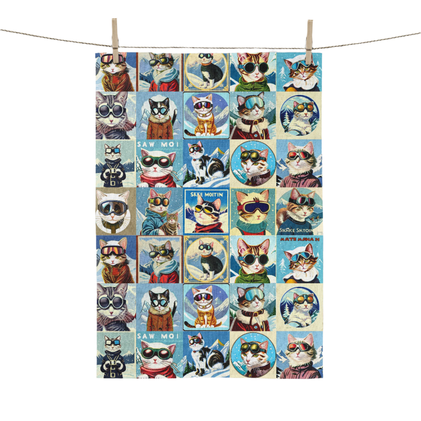 Tea towel home decor in Vintage Cool Ski Cat Collage for your kitchen or hang on your walls