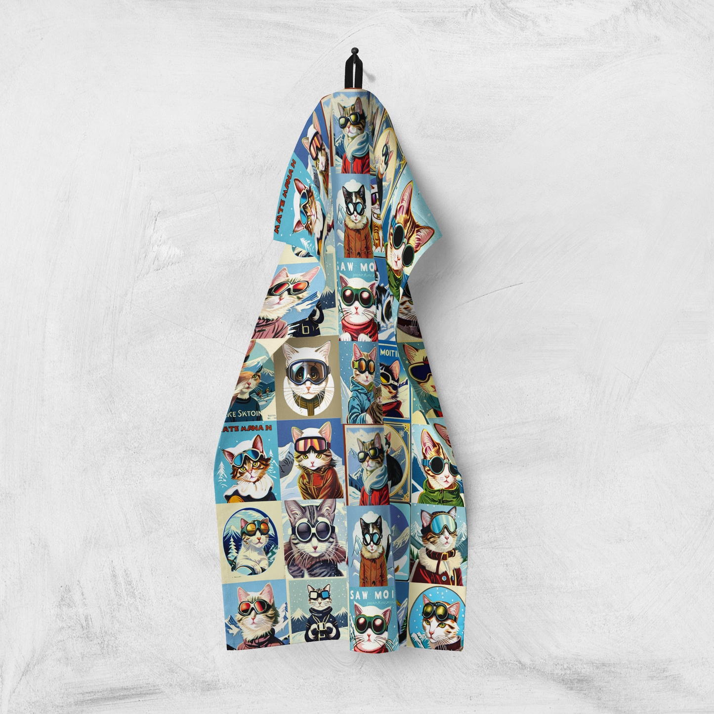 Tea towel home decor in Vintage Cool Ski Cat Collage for your kitchen or hang on your walls