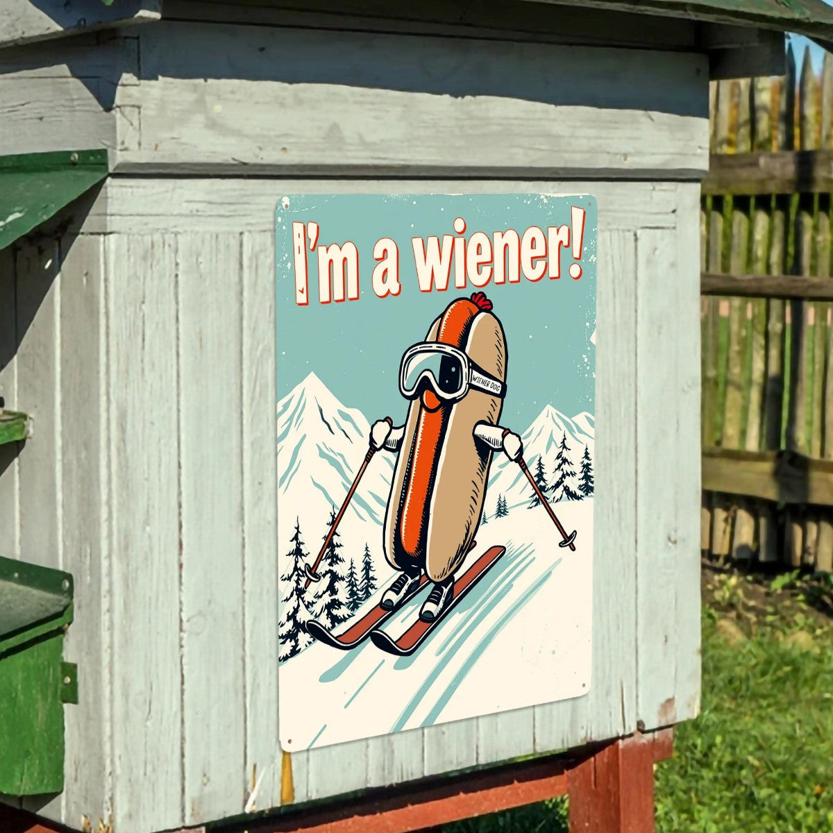 Metal Tinplate Poster Rectangular 12 inches by 16 inches Metal Sign Decor in I'm a Wiener on Ski