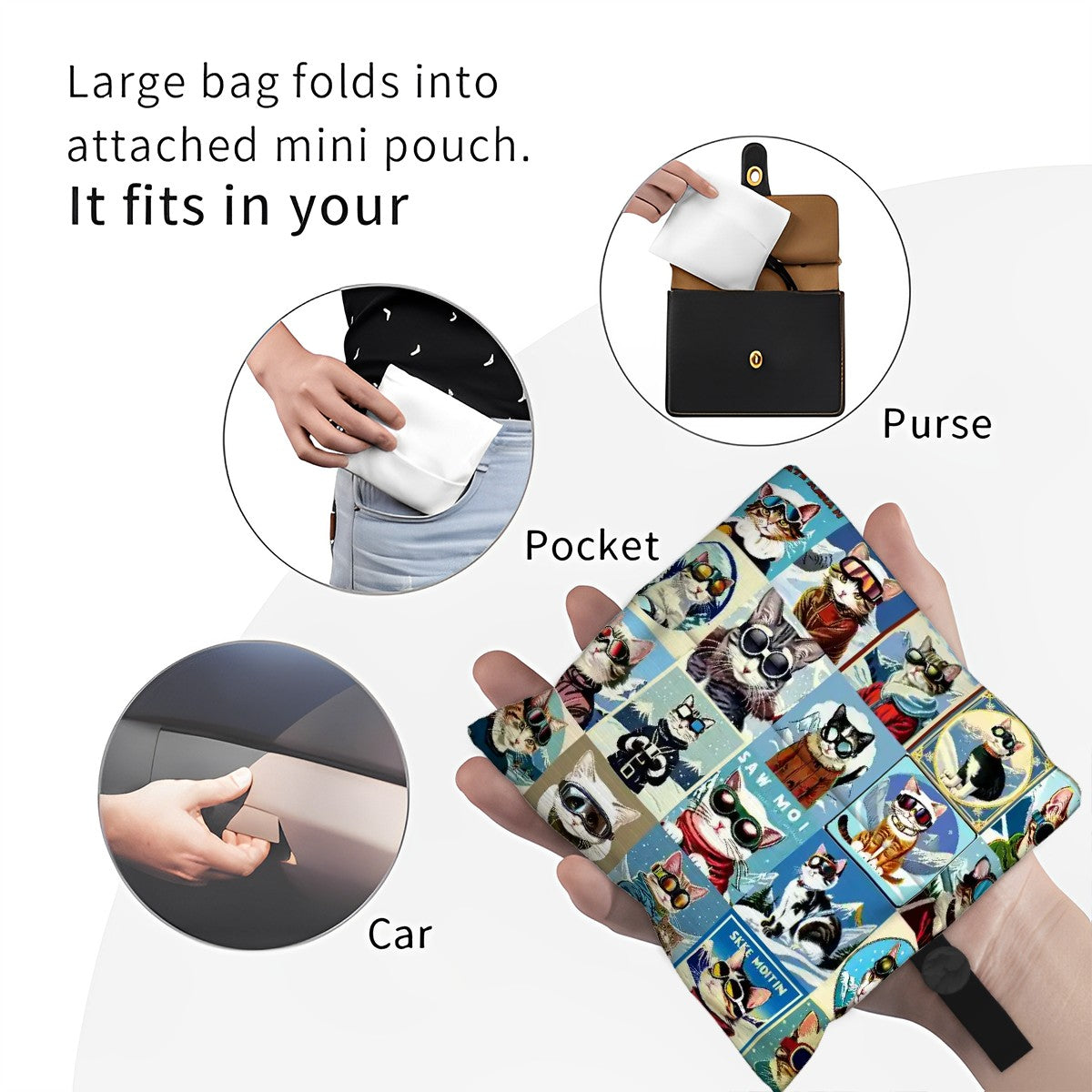 Folding Reusable Travel Bag Market Grocery bag in Vintage Style Cool Ski Cat Collage