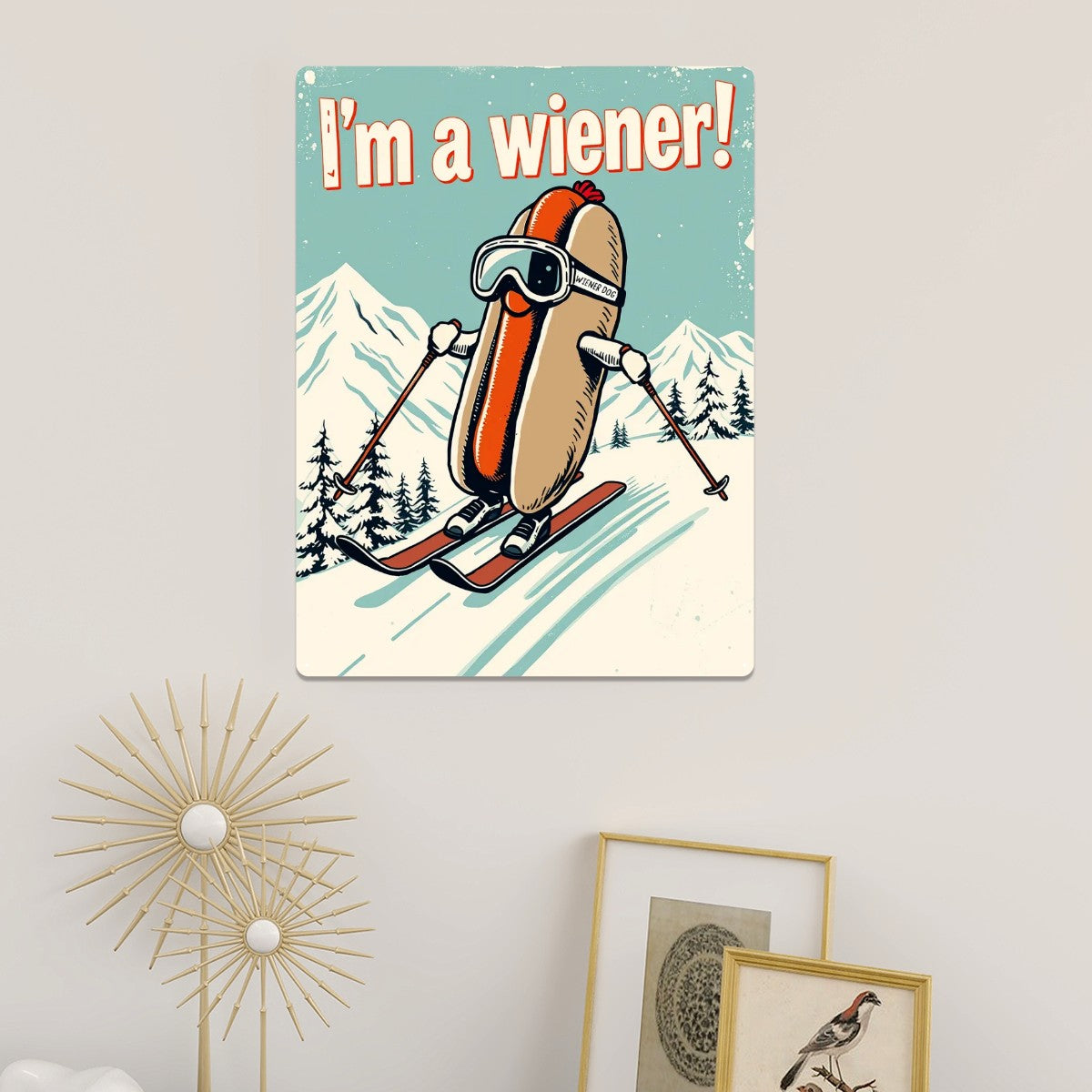Metal Tinplate Poster Rectangular 12 inches by 16 inches Metal Sign Decor in I'm a Wiener on Ski