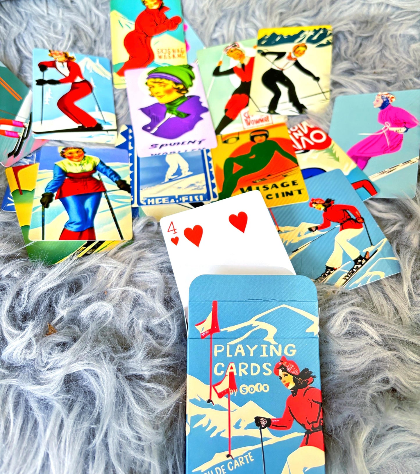 Coolest deck of Playing Cards in Vintage Style Ski Ladies. Different graphics Ski Art deck of cards ski lover gift
