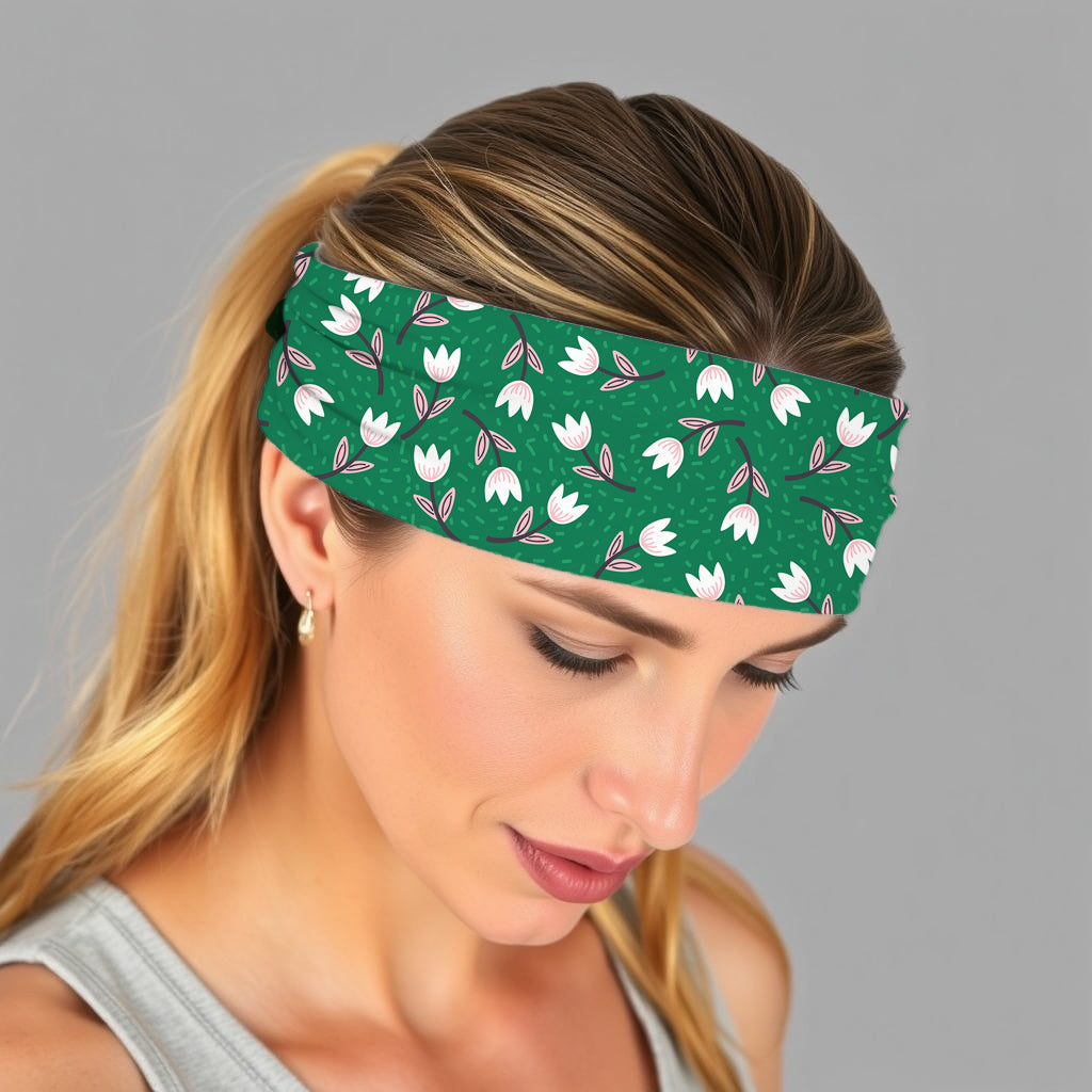 Bandeau ou foulard aux tulipes printanières vertes fabriqué entièrement au Canada, cadeau parfait pour tous